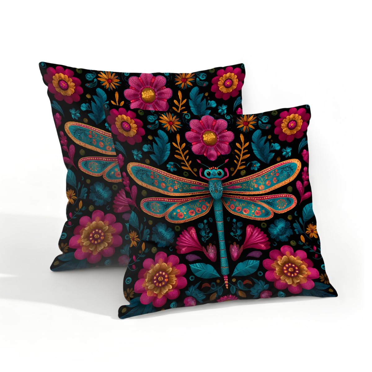 Outdoor Pillow Covers Waterproof Pillowcases 18x18in Set of 2 Colorful Floral Dragonfly Decorative Throw Cushion Case for Couch Sofa Garden Patio Furniture