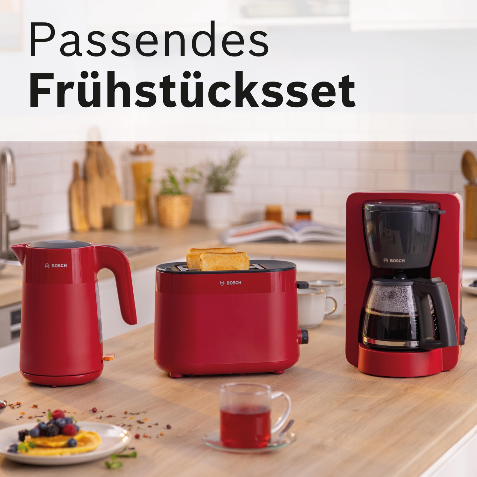 Bosch kabelloser Wasserkocher MyMoment TWK2M164, Abschaltautomatik, Überhitzungsschutz, Tassenanzeige, entnehmbarer Kalkfilter, Trockengehschutz, Dampfstopp-Automatik, 1,7 L, 2400 W, Rot matt