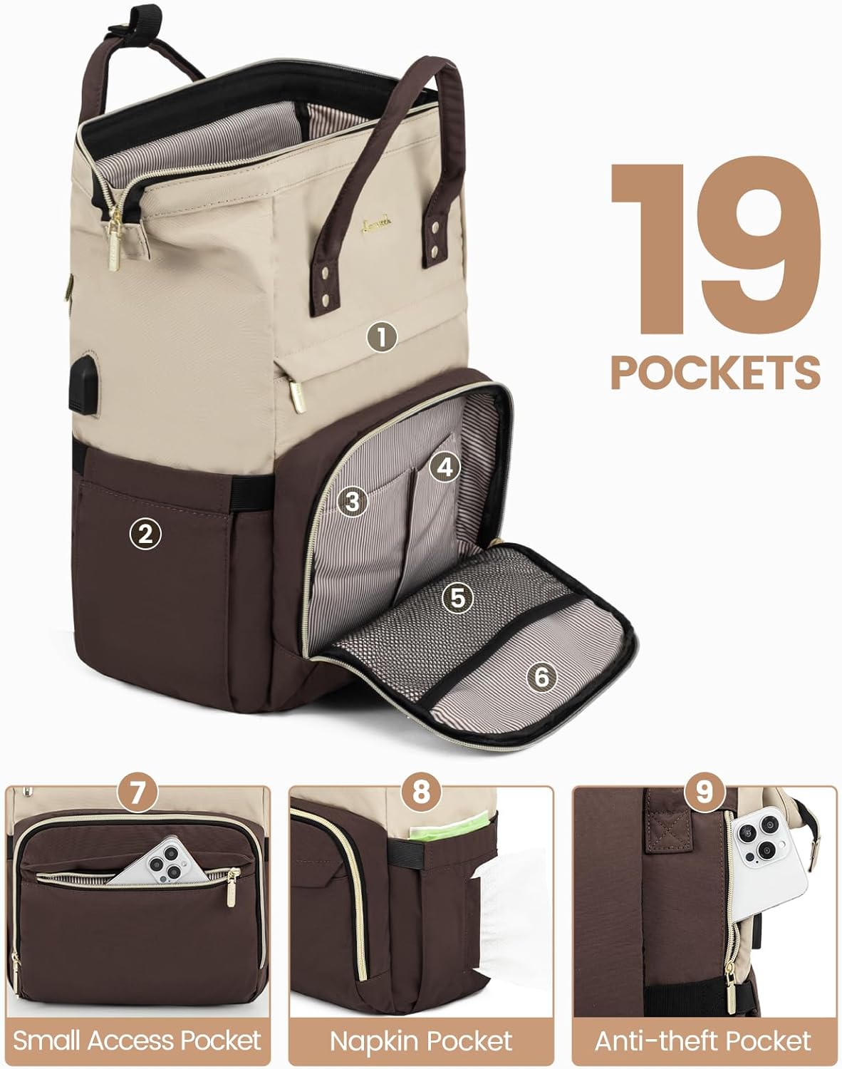 LOVEVOOK Laptop Backpack for Women, Fashion Travel Computer Business Bags, Doctor Nurse Backpack Purse For Work with USB Port, Fits 17-Inch Laptop, Light Apricot-Coffee - Image 3