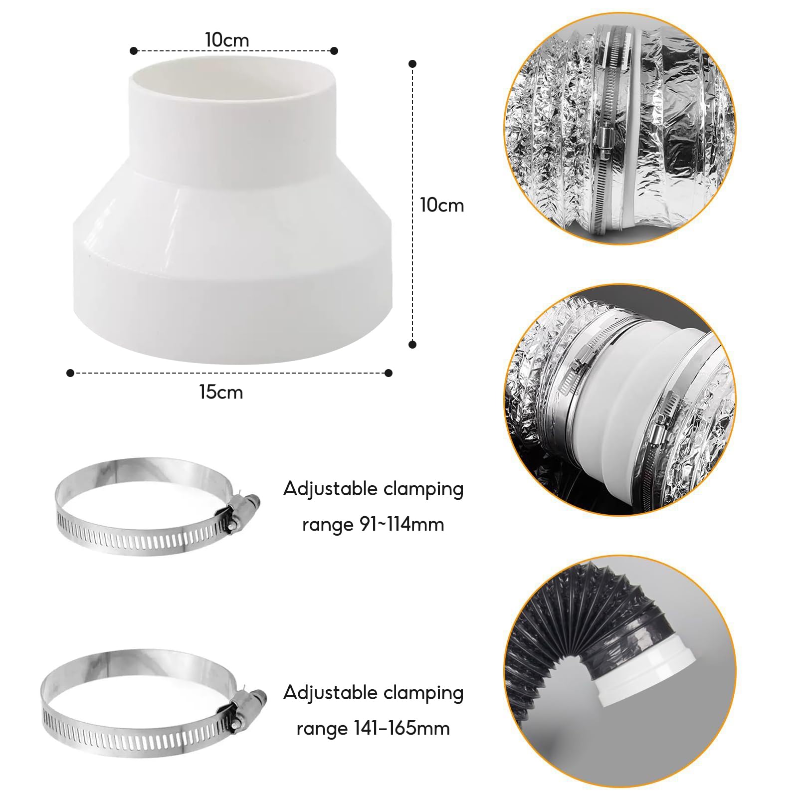 Réducteur de conduit de 150 mm à 100 mm, coupleur de réduction de conduit rond avec colliers de serrage en acier inoxydable (91-114 mm, 141-165 mm) pour ventilateurs d'extracteur, hotte aspirante