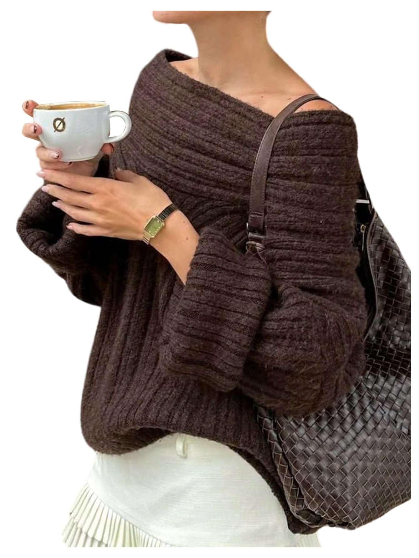Floerns Womens Off The Shoulder Fall Sweater Long Sleeve Cozy Sweaters Knit Pullover Tops