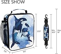 Vista 5 de Bolsa de almuerzo aislada con diseño de ballena asesina, océano, acuarela, portátil, con cremallera, bolsa enfriadora con correa ajustable