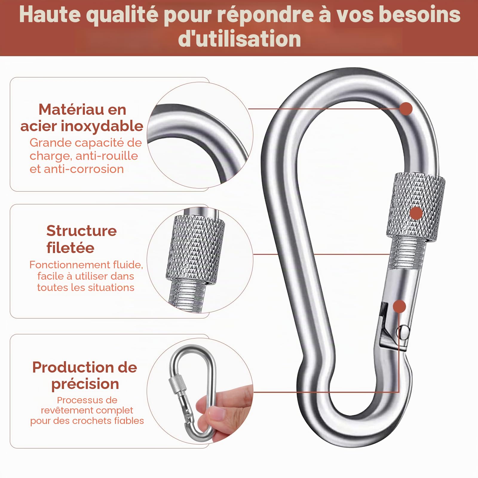 Lot de 4 mousquetons en acier inoxydable - Capacité de charge : 200 kg - Mousquetons à vis - Pour l'extérieur, la randonnée, les voyages, la maison - 38 x 80 mm