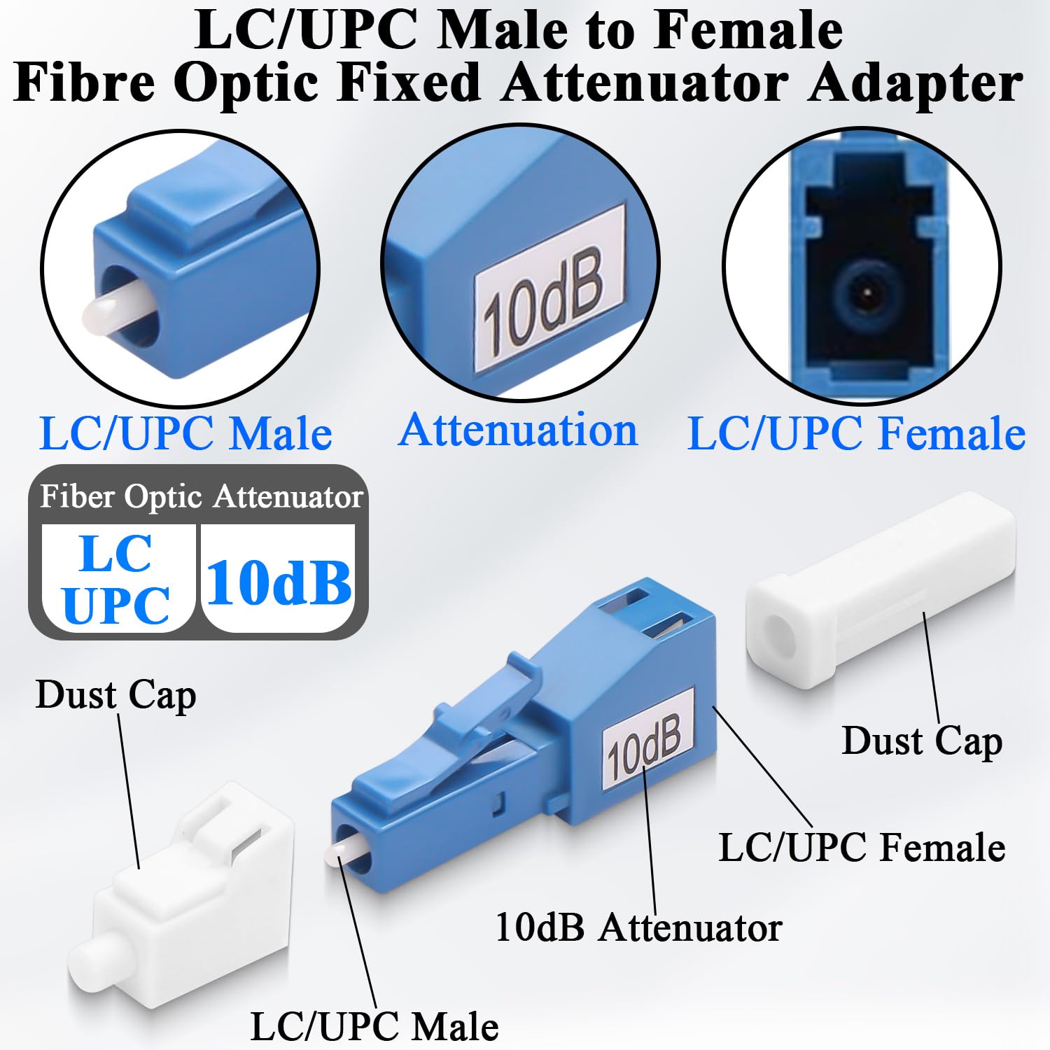 QIANRENON 10dB LC/UPC Attenuatore fisso in fibra ottica LC maschio a femmina Singlemode Attenuatore ottico fisso lc-UPC Fixed Attenuatore, valore di attenuazione 10dB±1, per CATV FTTH