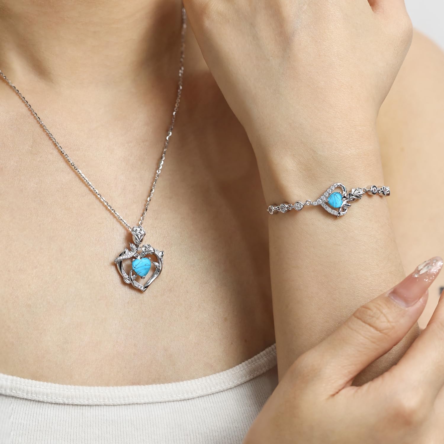 AGVANA Valentines Day Gifts Rose Birthstone Necklace for Women Sterling Silver Rose Flower Heart Necklace Fine Jewelry Anniversary Birthday Gifts for Women Wife Mom Her, Length: 18"+2" - Image 2