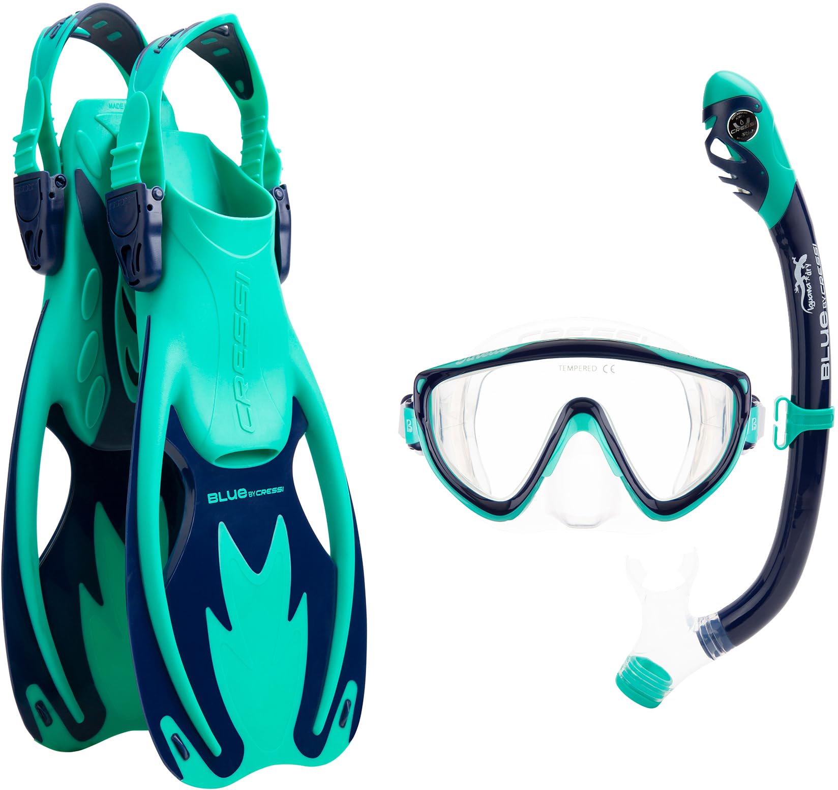 Cressi Tinetto Rocks Dry Snorkeling Set, Aquamarine Green/Blue, S/M