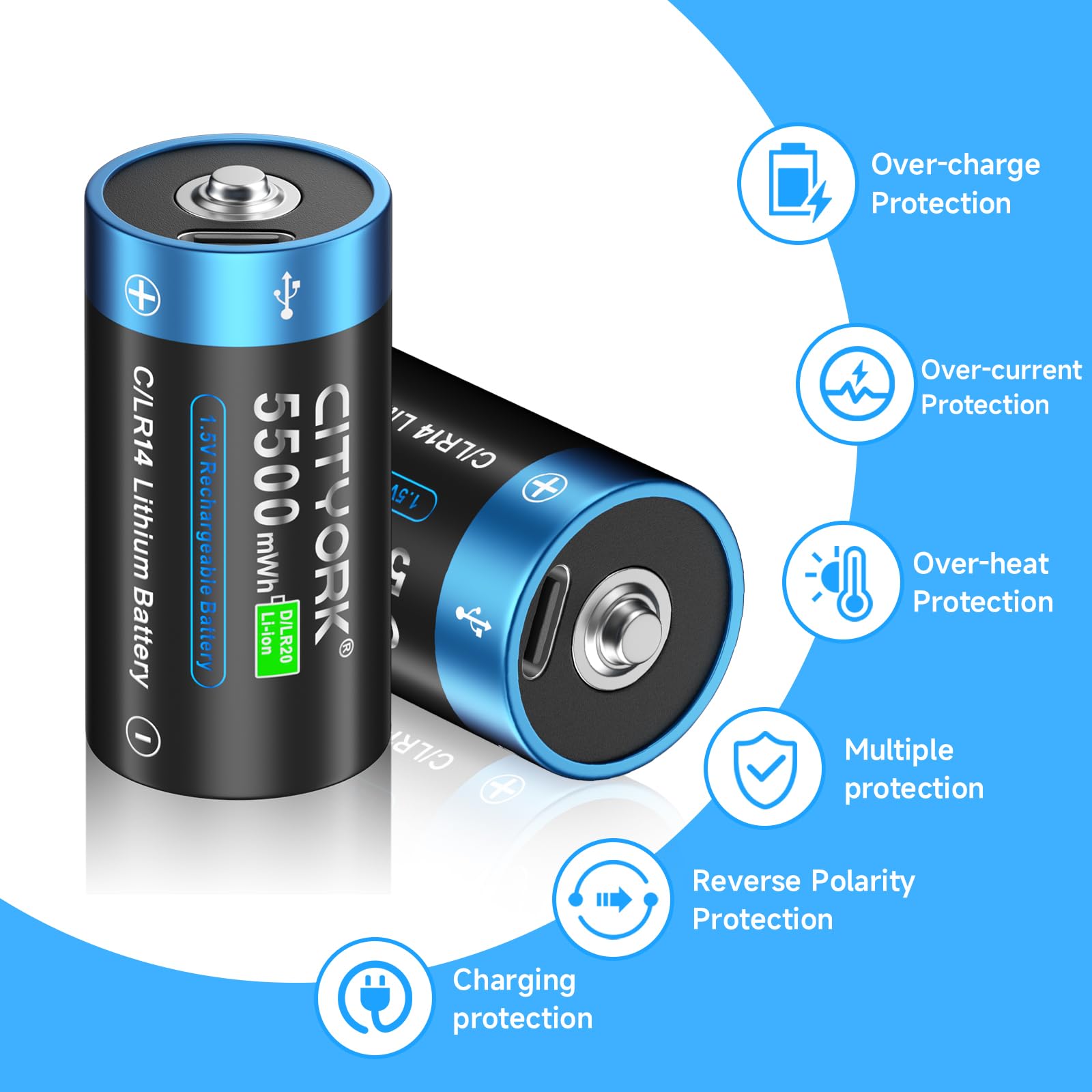 CITYORK Lot de 8 batteries rechargeables Baby C 5500 mWh 1,5 V avec USB-C - Batterie lithium-ion LR14 C - Charge en moins de 2 heures - Plus de 1000 cycles - Avec câble de charge de type C -