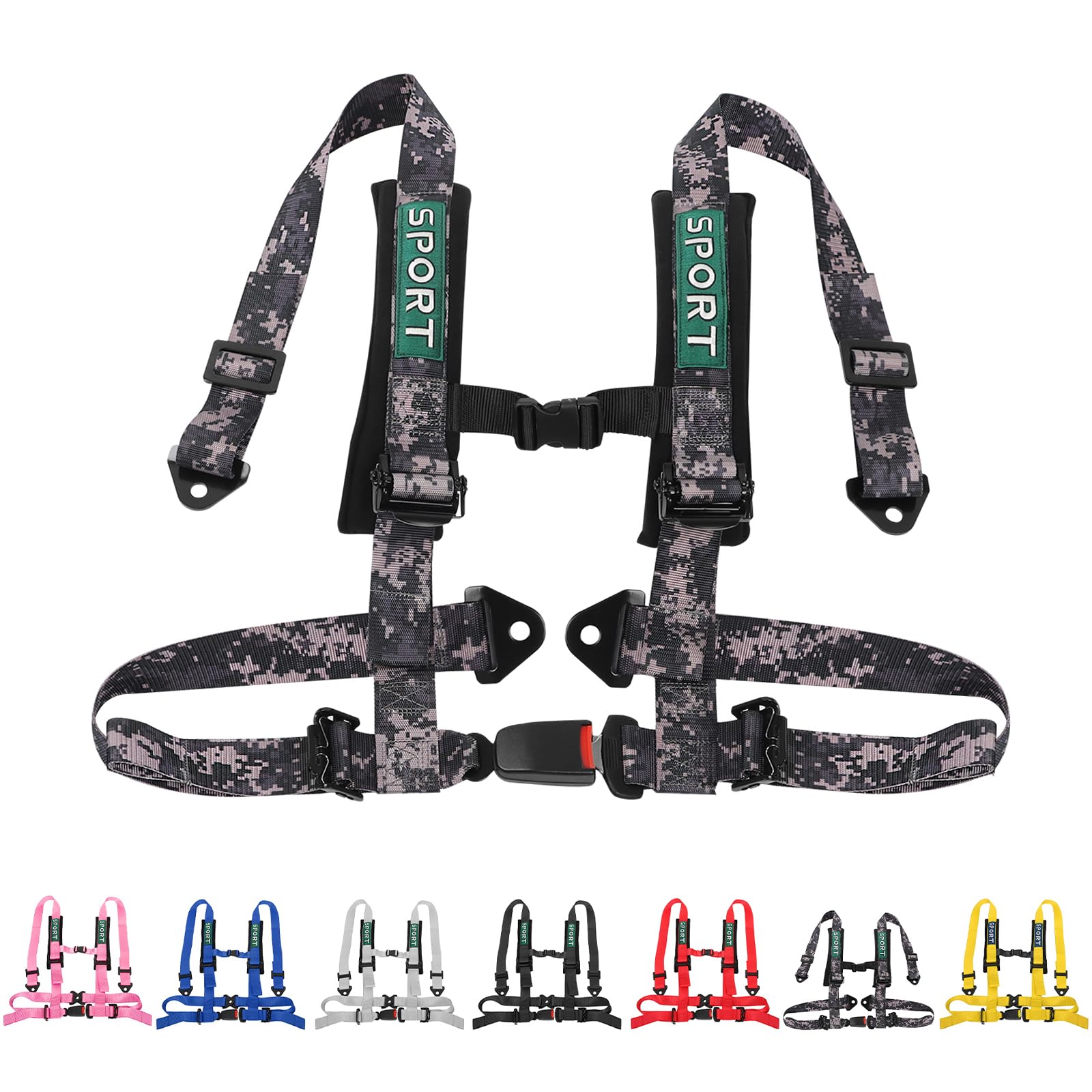 Harnais de sécurité à 4 points avec rembourrage boucle robuste de 7,6 cm, sangles noires améliorées, harnais universel réglable à 4 points pour enfants et adultes, facile à installer