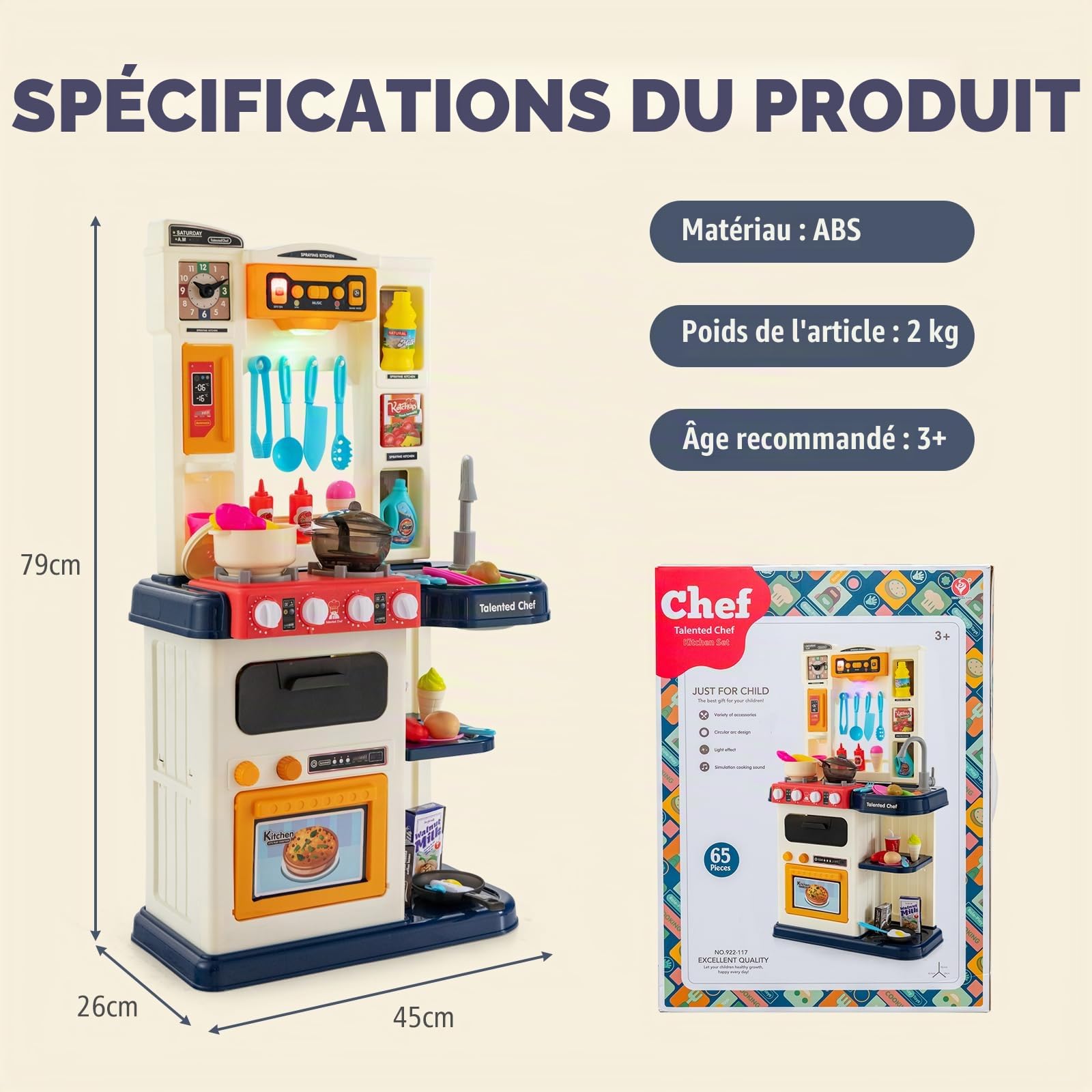 HOMASIS 65 Piece Cuisine Jouet, Ustensiles de Cuisine Accessoires avec Lumière et Son, Simulateur de Cuisine, Evier à Eau Automatique, Set de casseroles et poêles, pour Les Enfants de 3+ Ans (Bleu)