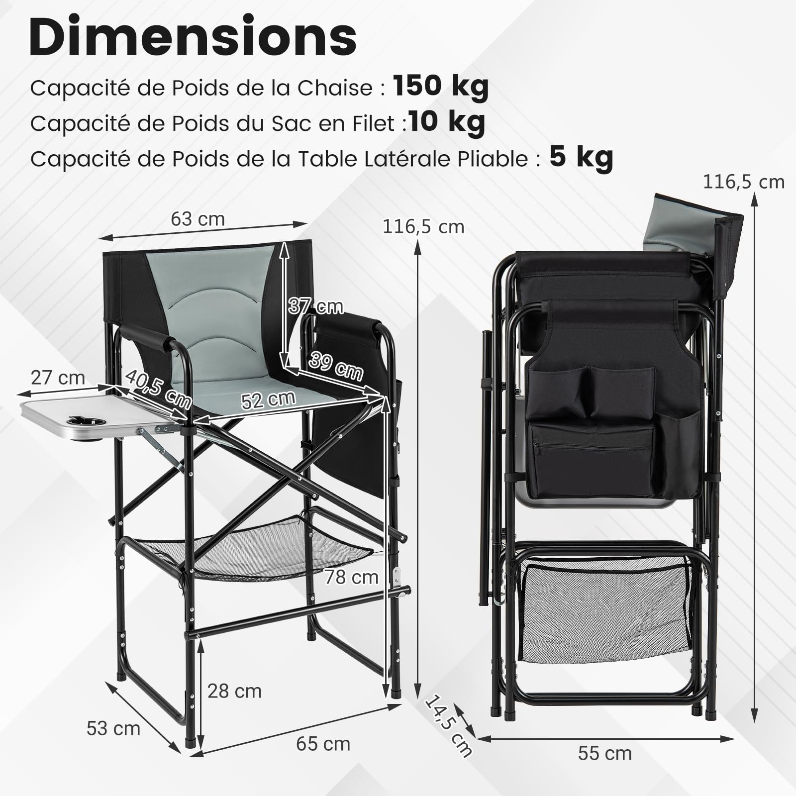 GYMAX Chaise Maquillage Professionnel 116,5 cm, Chaise Metteur en Scène Pliable Portable avec Plateau, Porte-Gobelet, Repose-Pieds, Sac en Filet, Poche de Rangement, Chaise Haute pour Studio