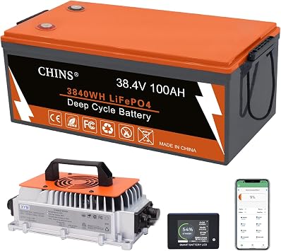 CHINS 36 Volt 100AH Lithium Battery for Golf Cart with 36V 25A Charger, Monitor, Built-in Bluetooth 200A BMS, 36V Golf Cart Battery with 7.68kW Output