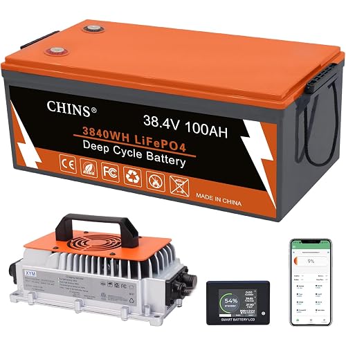CHINS 36 Volt 100AH Lithium Battery for Golf Cart with 36V 25A Charger, Monitor, Built-in Bluetooth 200A BMS, 36V Golf Cart Battery with 7.68kW Output