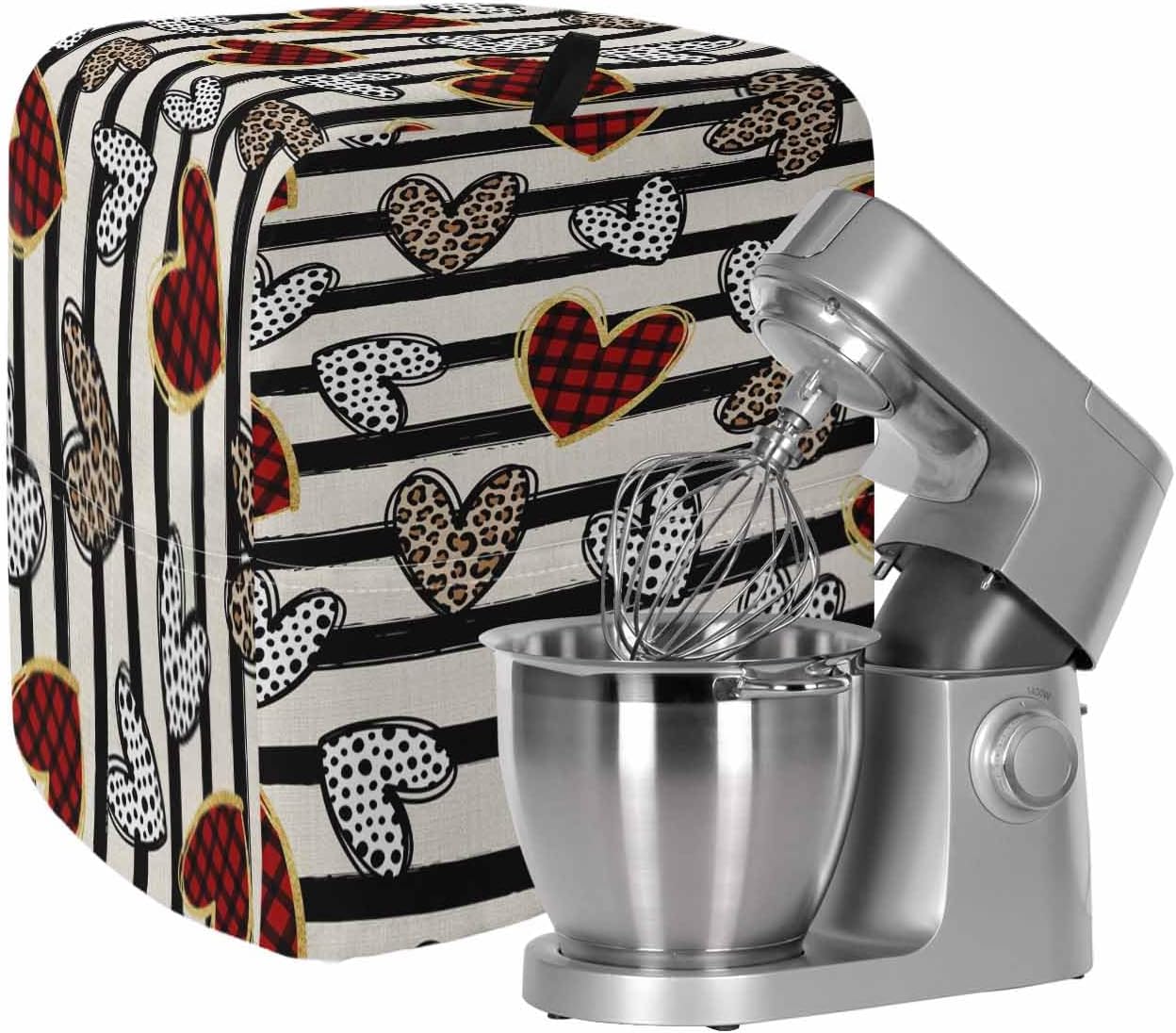 Valentine's Day Stand Mixer Cover with Storage Pocket, Waterproof Kitchen Mixer Covers, Love Heart Leopard Dots Retro Stripes Kitchen Appliance Dust Cover Compatible with 6-9 Quart Mixers