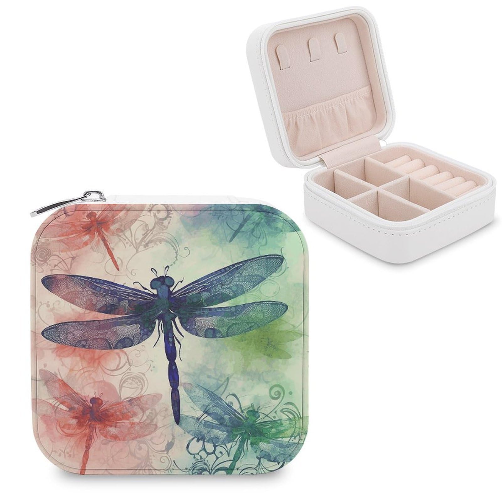 VstaDank Modern Dragonfly Travel Jewelry Case Zipper Portable Small Jewelry Box Custom Pu Leather Mini Traveling Jewelry Organizer for Rings Earrings Necklace Bracelet Girls Women