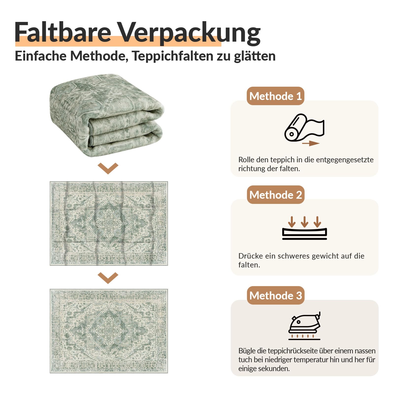 INOVADAY Waschbarer Teppich Wohnzimmer 120x170 cm Vintage Grün | Teppich Schlafzimmer, Teppich Waschbar, Esszimmer, Küche, Boho, Kurzflor, Rutschfest, Weiche, OEKO, Staubsauger, Gefaltet