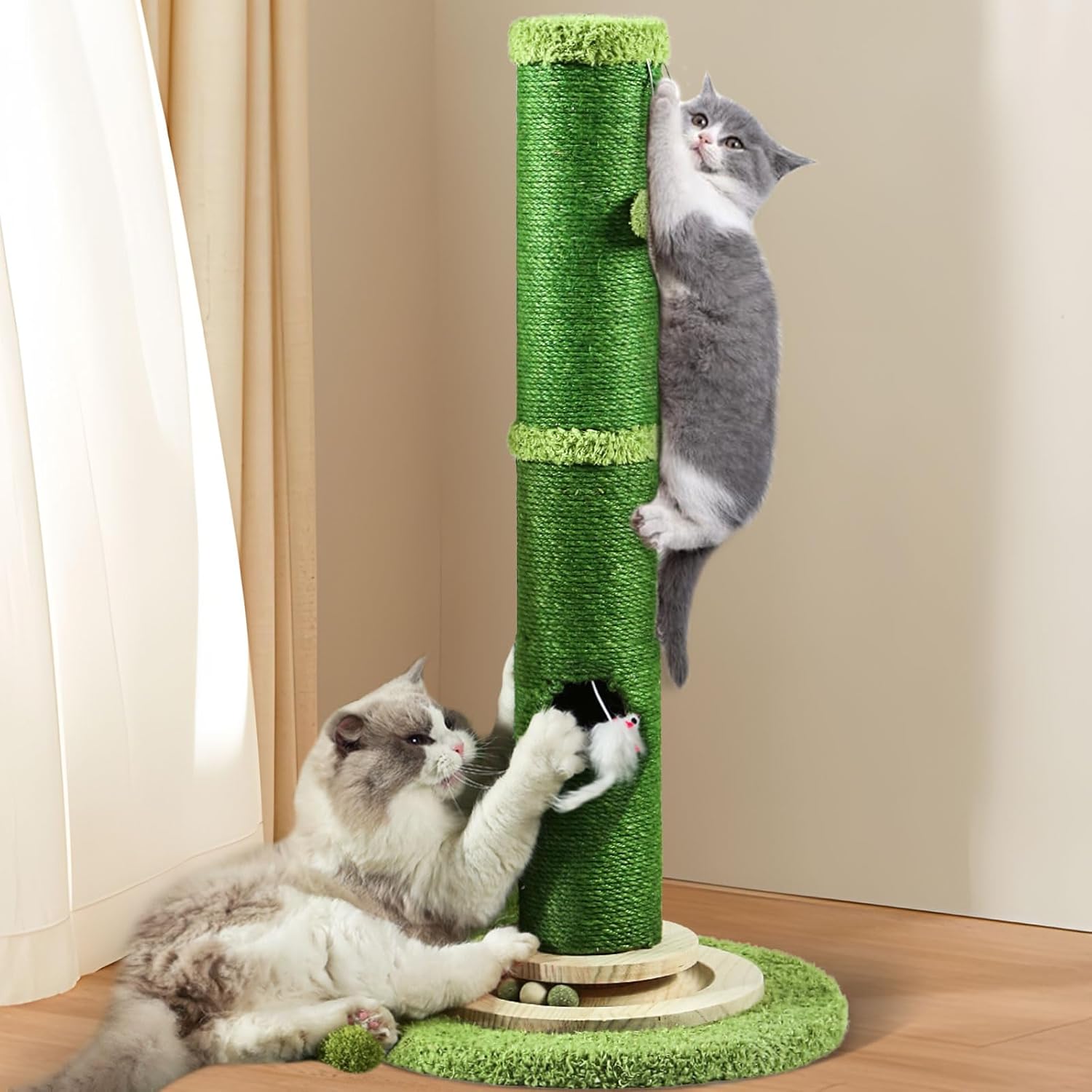 OYX Scratching Posts for Indoor Cats Adults, 31.8" Tall Cat Scratching Post, Bottom Mouse Hole and Interactive Ball Track, Top Hanging Interactive Ball for Large Cats, Kittens and All Types of Cats 32 inch Cat Post with Ball Track
