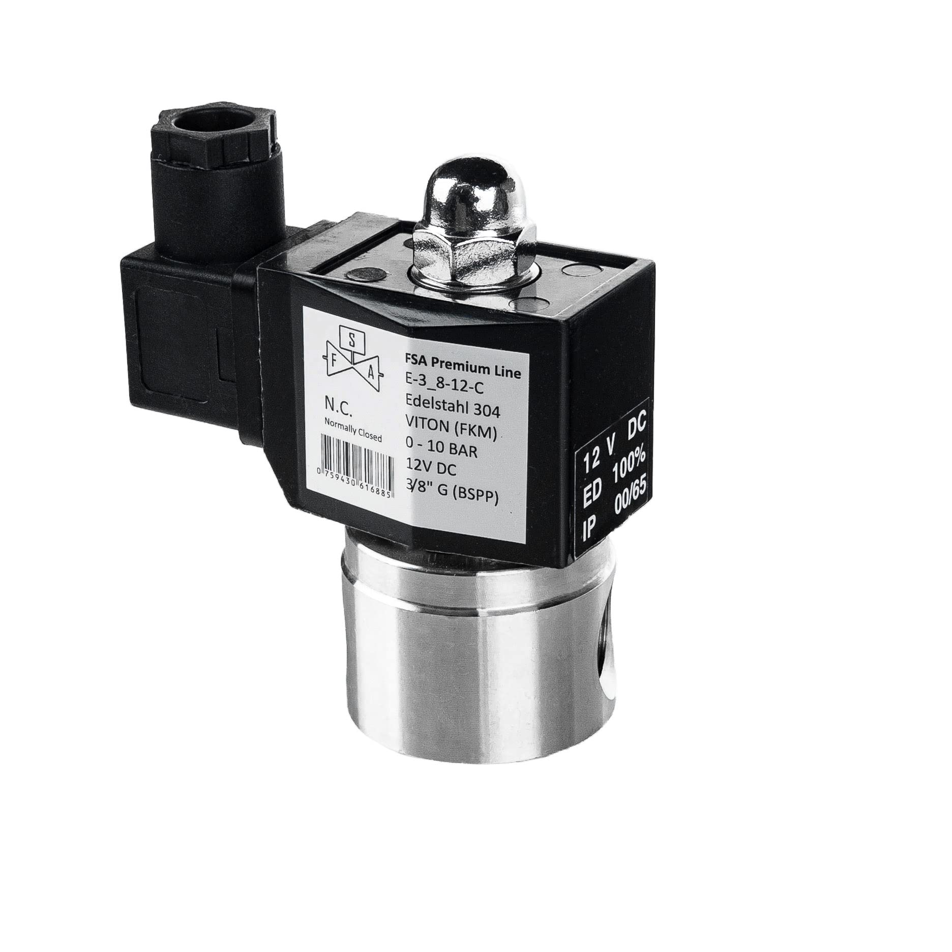 Électrovanne 12V 3/8 inox FSA normalement fermée avec membrane Viton