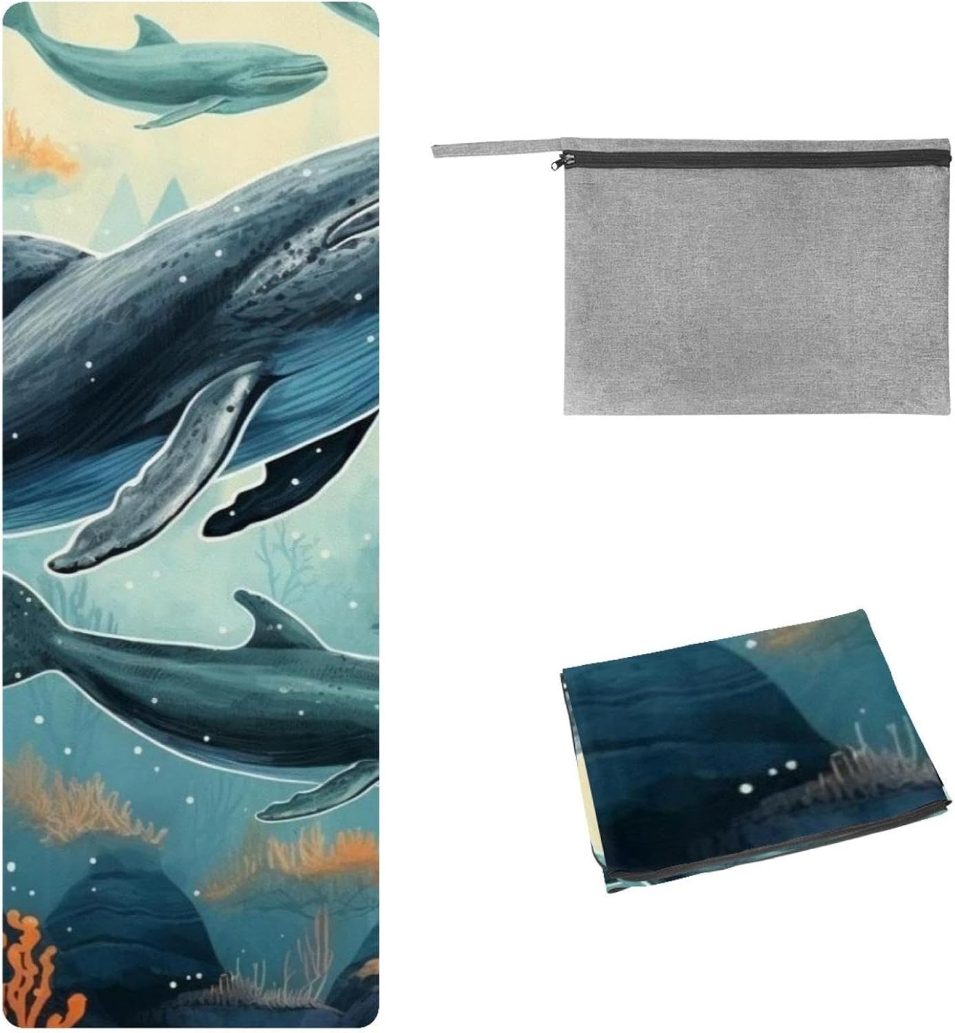 Yoga Towel, Whale Sea Pattern Non Slip Sweat Absorbent Hot Yoga Mat Towel for Hot Yoga, Pilates and Fitness - 72.8" x 26.8"