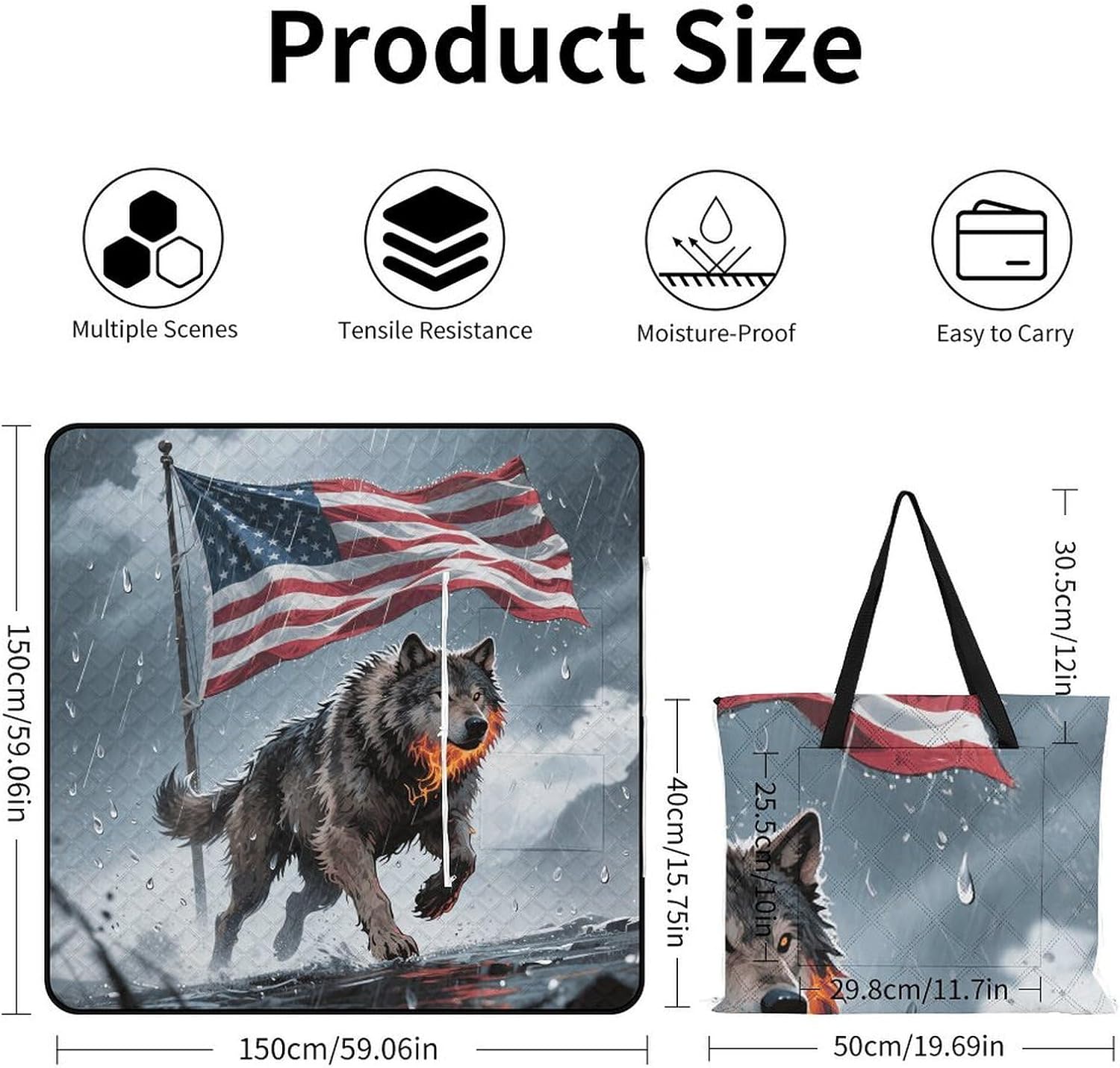 Wolf Print Picnic Blanket 150x150cm, Foldable 2-in-1 Picnic Mat and Tote Bag Portable Waterproof Beach Mat Sandproof Outdoor Blanket for Park, Hiking, Beach, Camping, Travel