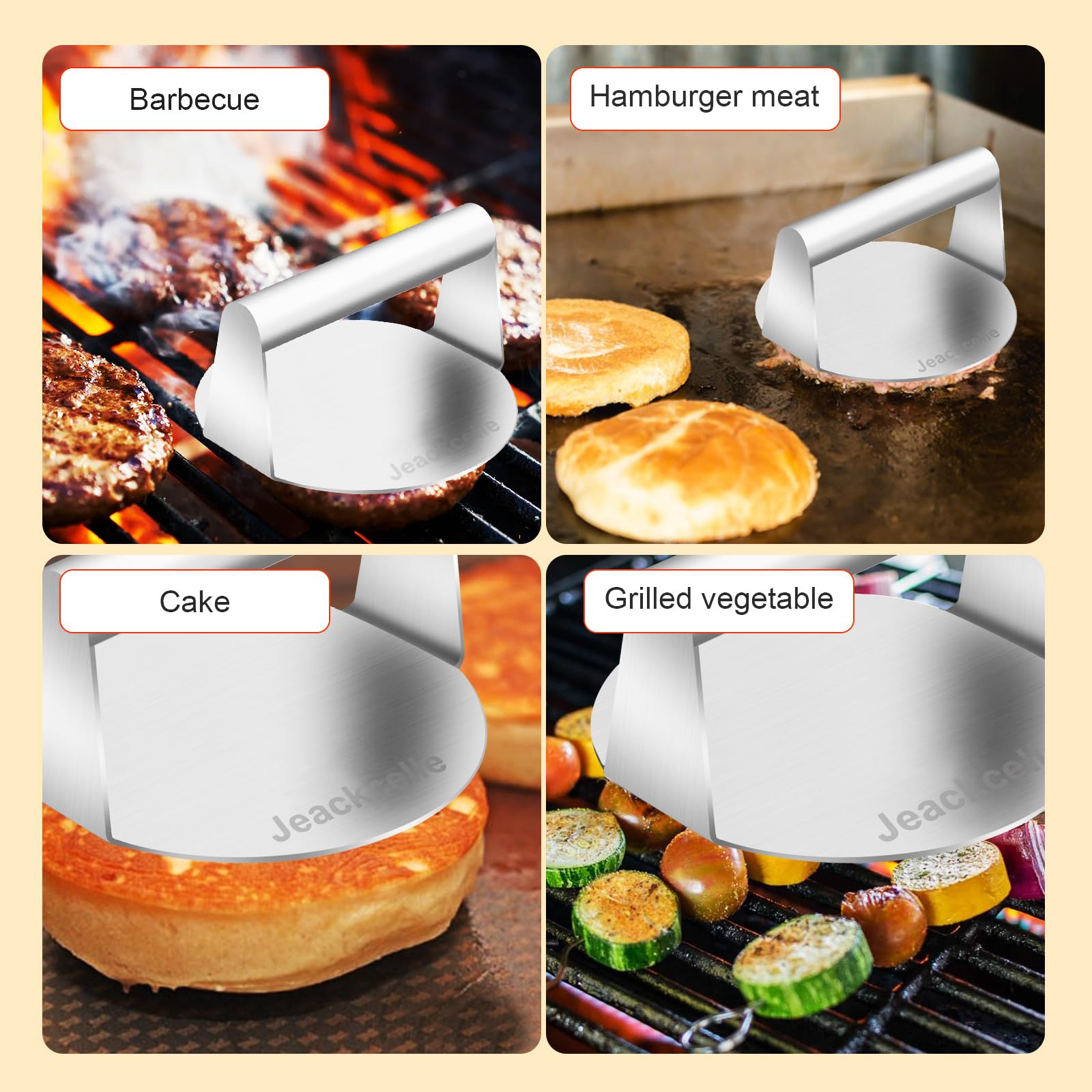 Smash Hamburgerpers van roestvrij staal met siliconen borstel, anti-aanbaklaag, grillplaat, platte plaat, hamburgerpers, gemakkelijk te reinigen (14 cm rond