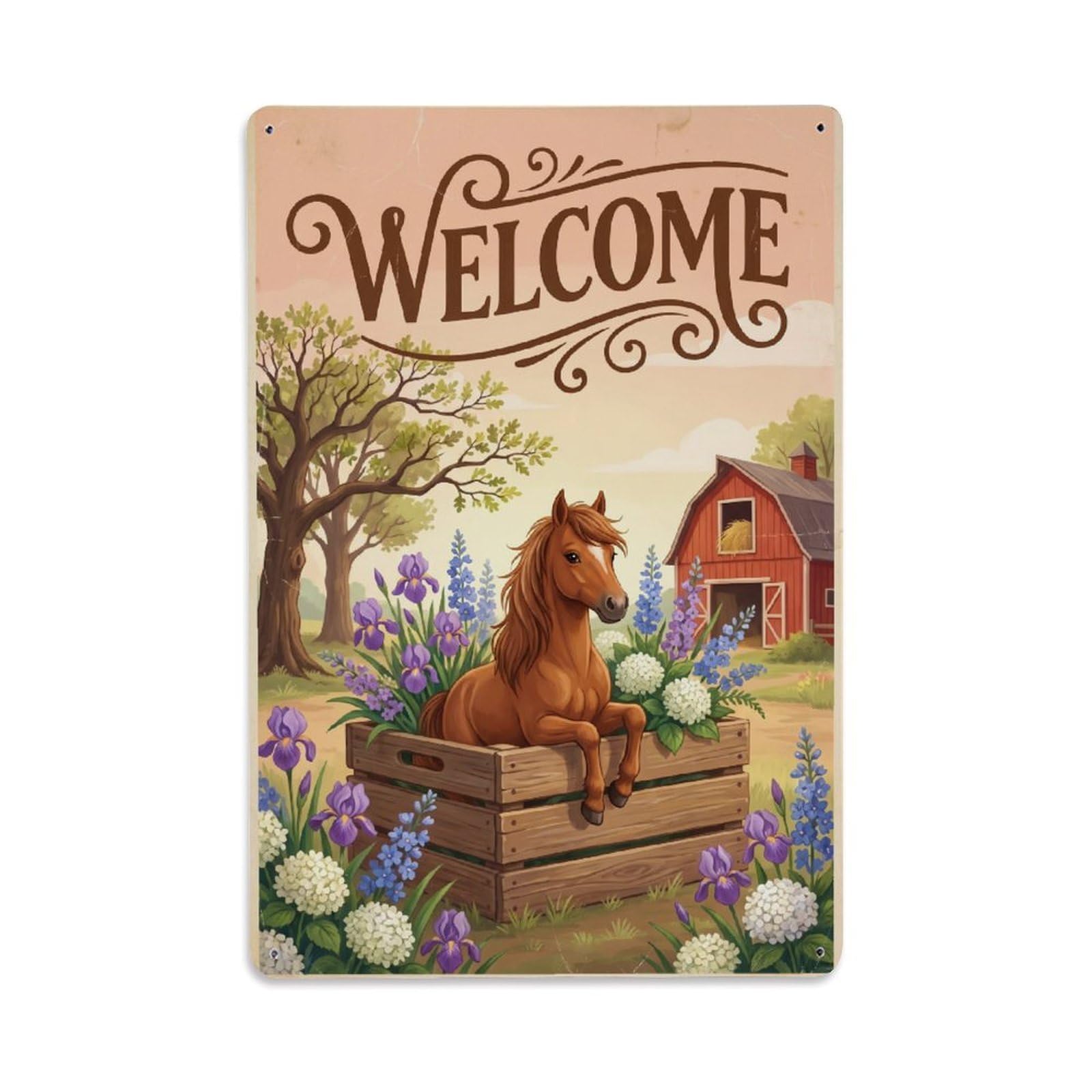 Cxhjca 8X12inch(20X30cm) Vintage Welcome Horse Green Thumb Metal Tin Sign