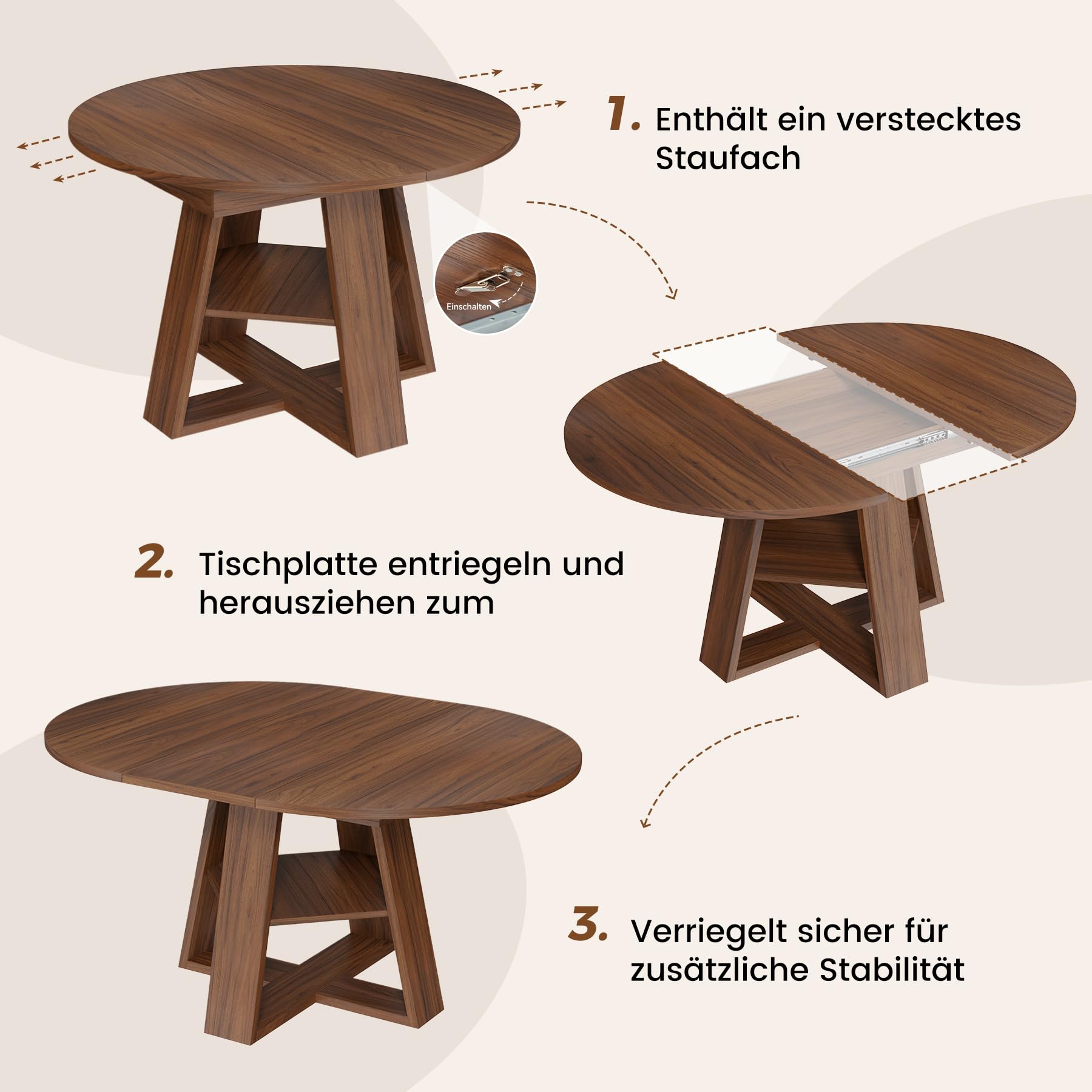 Hawthyhome rund Esstisch Ausziehbar für 4-8 Personen, 110-150cm Wohnzimmertisch Erweiterbar mit Teleskopfunktion, Platzsparender küchentisch Esszimmer Wohnzimmer, Modernes Industrie, Walnuss-Optik