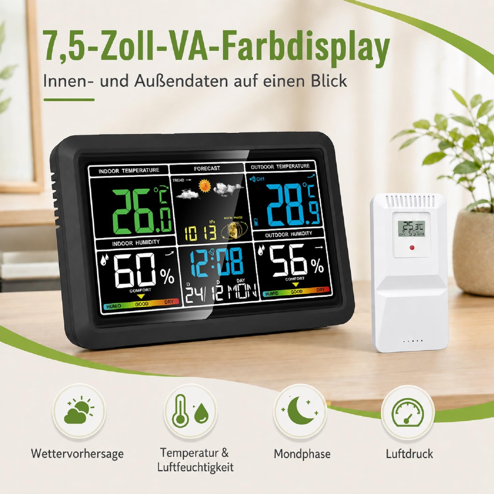 Wetterstation Funk mit Außensensor, Innen- und Außentemperatur, Luftfeuchtigkeit, Wettervorhersage, Luftdruck, Mondphase, Wecker mit Schlummerfunktion, für Wohnzimmer, Schlafzimmer und Garten.