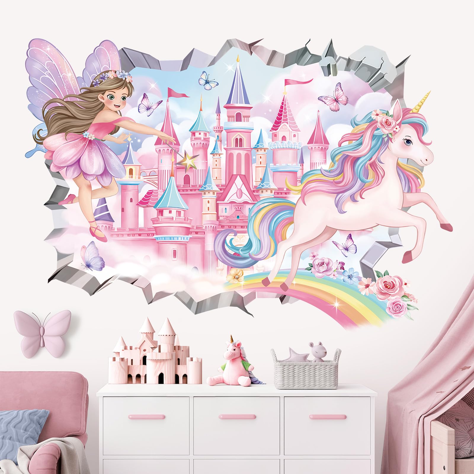 decalmile 3D Fairy Castle Wall Decals Unicorn Crack Hole Rainbow Wall Stickers Girls Bedroom Baby Nursery Kids Room Home Decor - Image 3