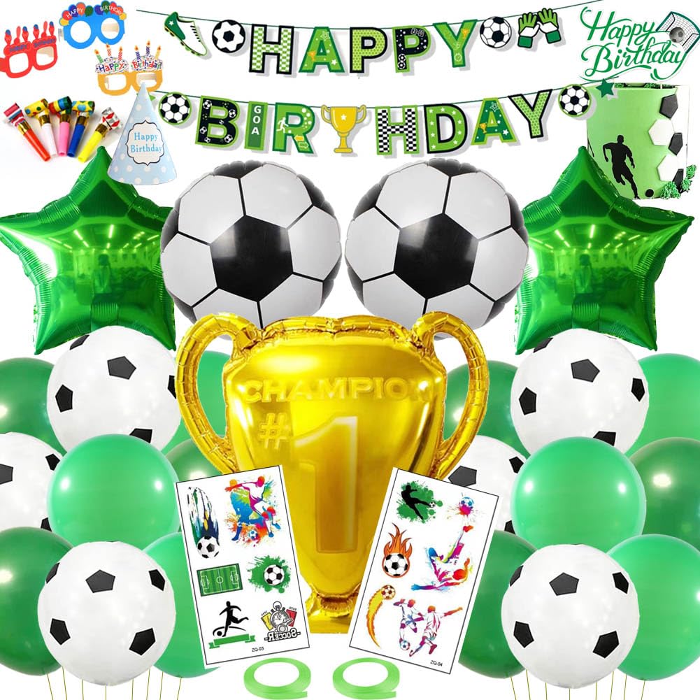 Soccer Party Supplies - Birthday Party Decorations for Children,Contain a Soccer Banner,5 Foil Balloons,18 Latex Balloons,a Soccer Cake Topper ,Great for Children Birthday Party