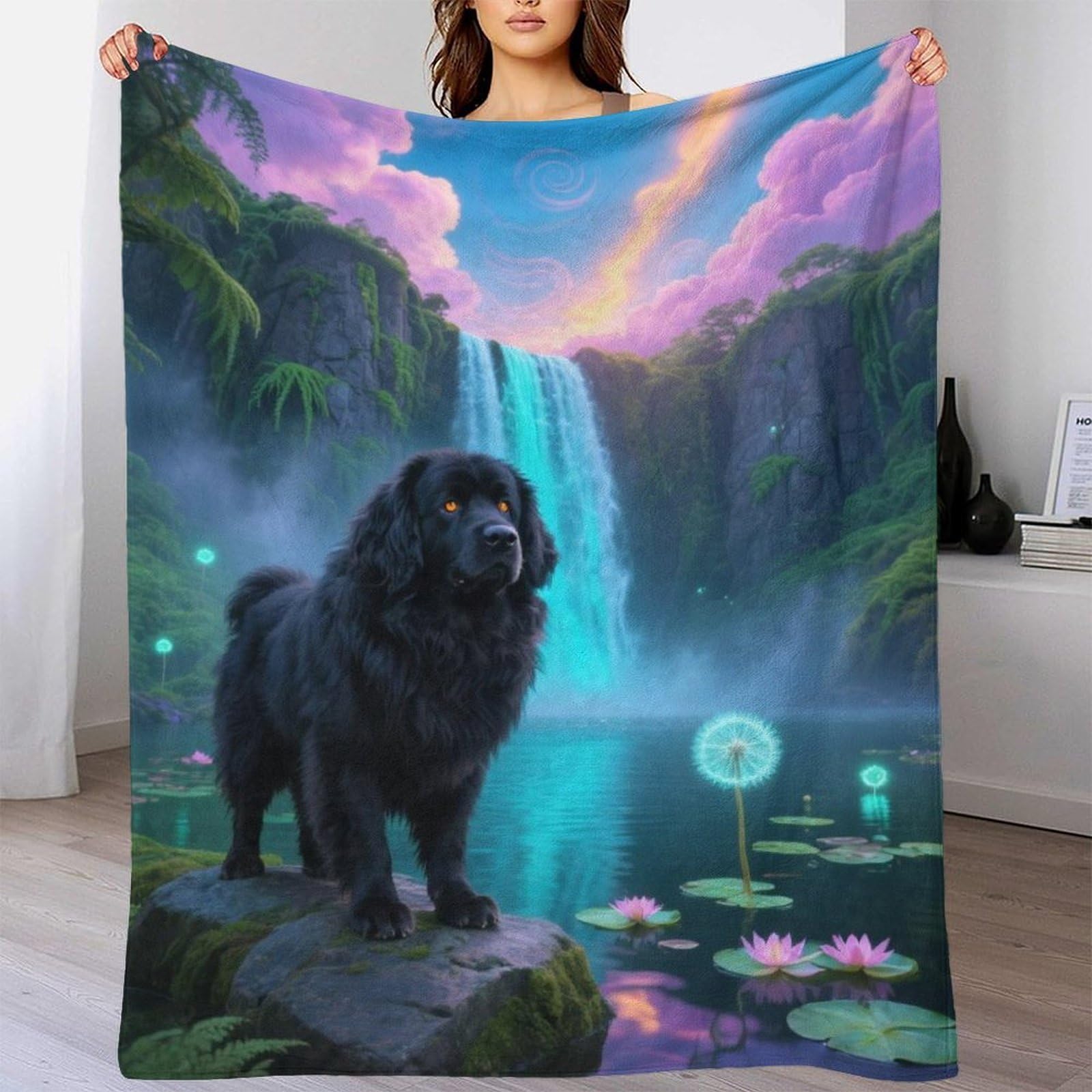 EMYXPAQM Newfoundland Fleece Throw Blanket for Couch Sofa Bed All Season Black Newfoundland Waterfall Pattern Blanket Comfort Warmth Flannel for Wedding Anniversary 70x80inch(180x200cm)