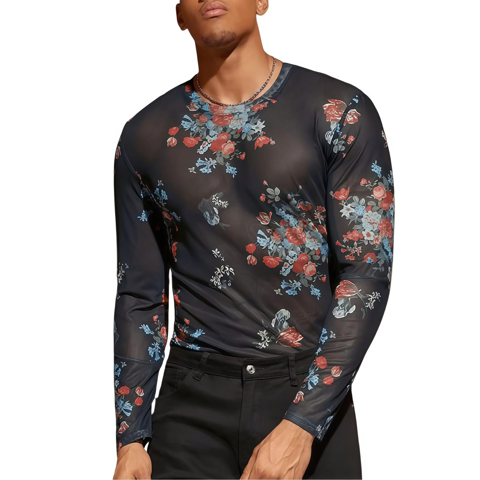 Samheng Men's Black Long Sleeve Shirts, Slim Fit Floral Graphic Print See Through Tops, Crew Neck All-Match Basic T-Shirt For Going Out, Sheer Muscle Pullover Undershirt For Party Rave Disco Clubwear