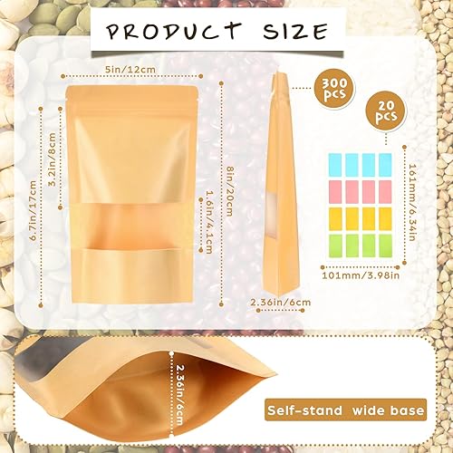 Miniatura 2 de Ctosree 300 bolsas de papel kraft con ventana de 5 x 8 pulgadas, bolsas de papel resellables con cremallera para almacenamiento de alimentos, bolsas