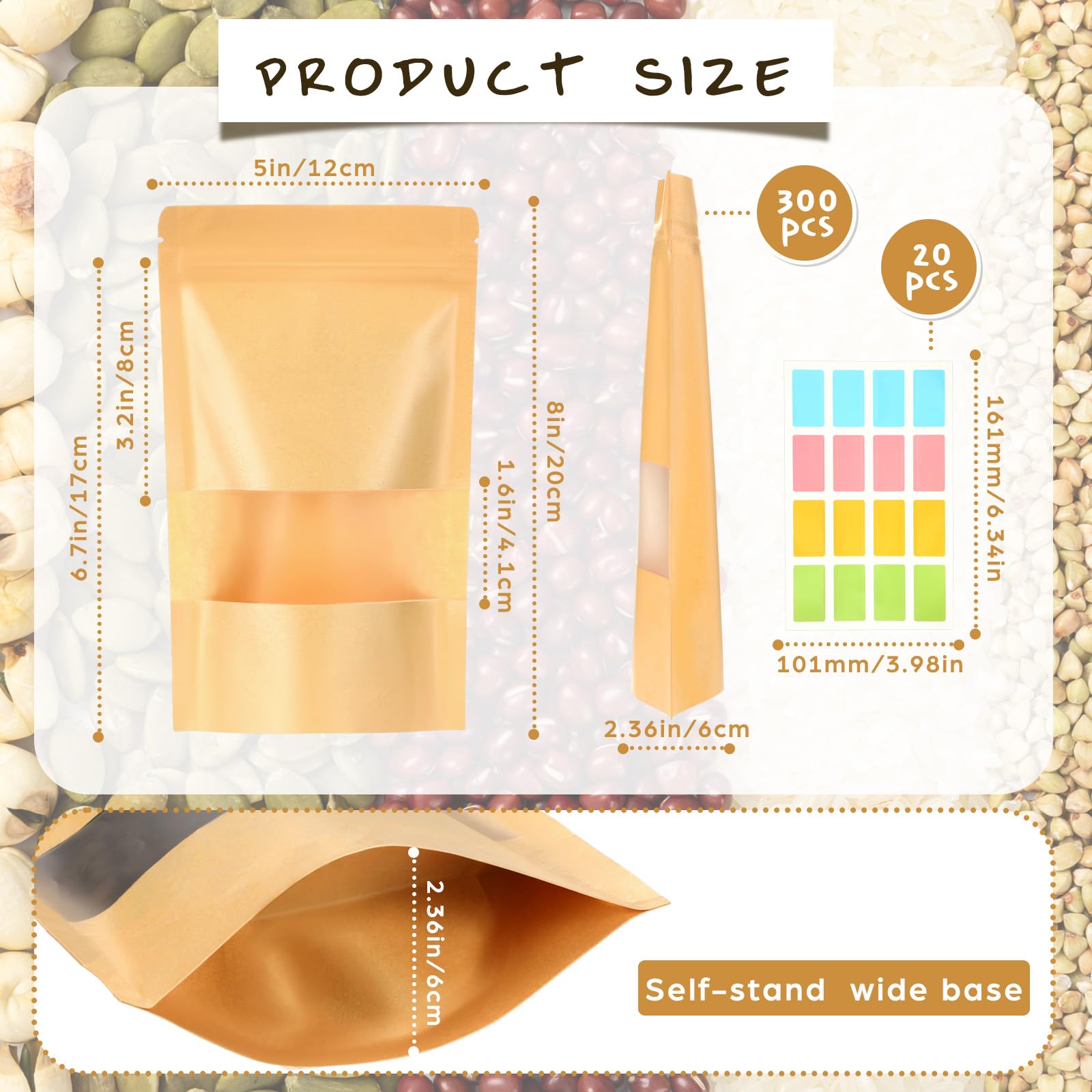 Ctosree 300 bolsas de papel kraft con ventana a granel, bolsa de papel kraft con cremallera de pie, bolsa de papel kraft con cremallera para almacenamiento de alimentos, bolsas reutilizables sellables