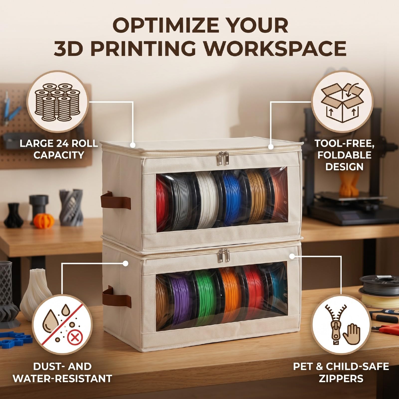 Fafeicy Caja de Almacenamiento de Filamentos, Organizador de Carretes de Impresora 3D de 24 Rollos de 1 Kg con Panel Frontal Transparente de Tela Oxford, para Suministros de Impresión 3D