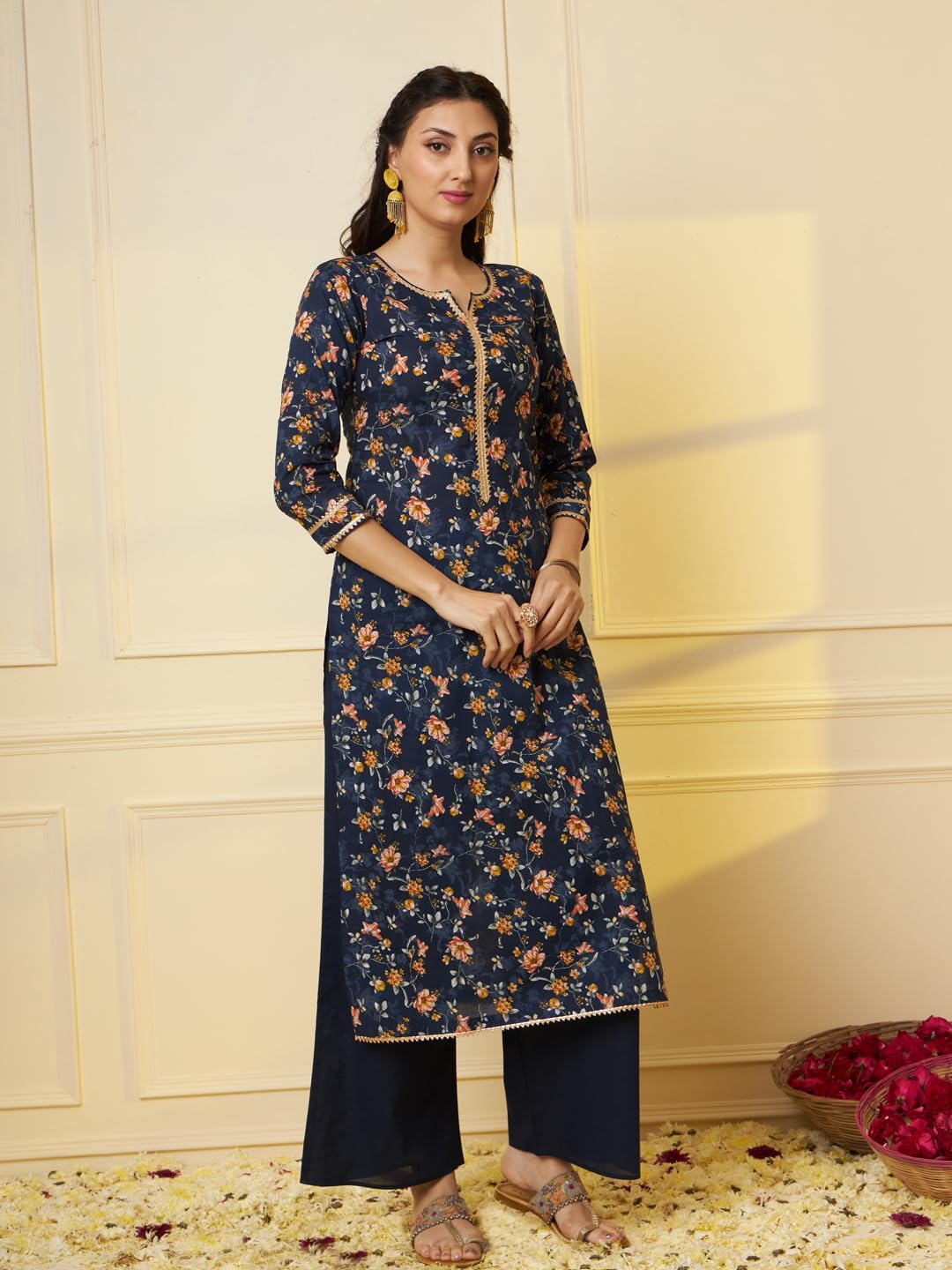 Tissu Women's Navy Blue Printed Pure Cotton Kurta & Palazzo With Dupatta