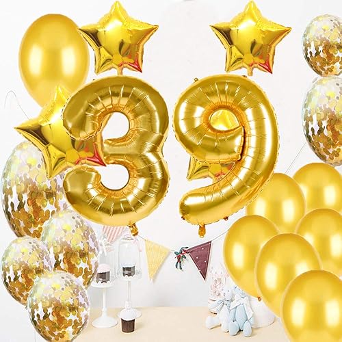 Miniatura 4 de Decoraciones de cumpleaños número 39, suministros para fiestas, globos dorados de 39 cumpleaños, globos de Mylar número 39, decoración de globos de