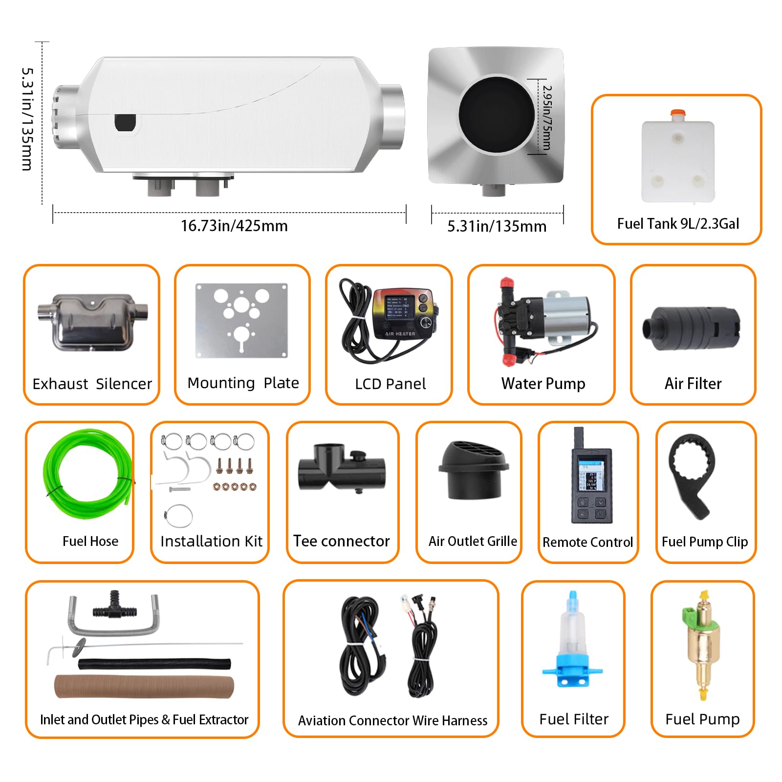 12V Chauffage auxiliaire diesel, 8kW Chauffage à air diesel avec chauffage à air et à eau en un seul appareil, chauffe-eau pour camping-car de 26 gallons, chauffage rapide, régulation de température