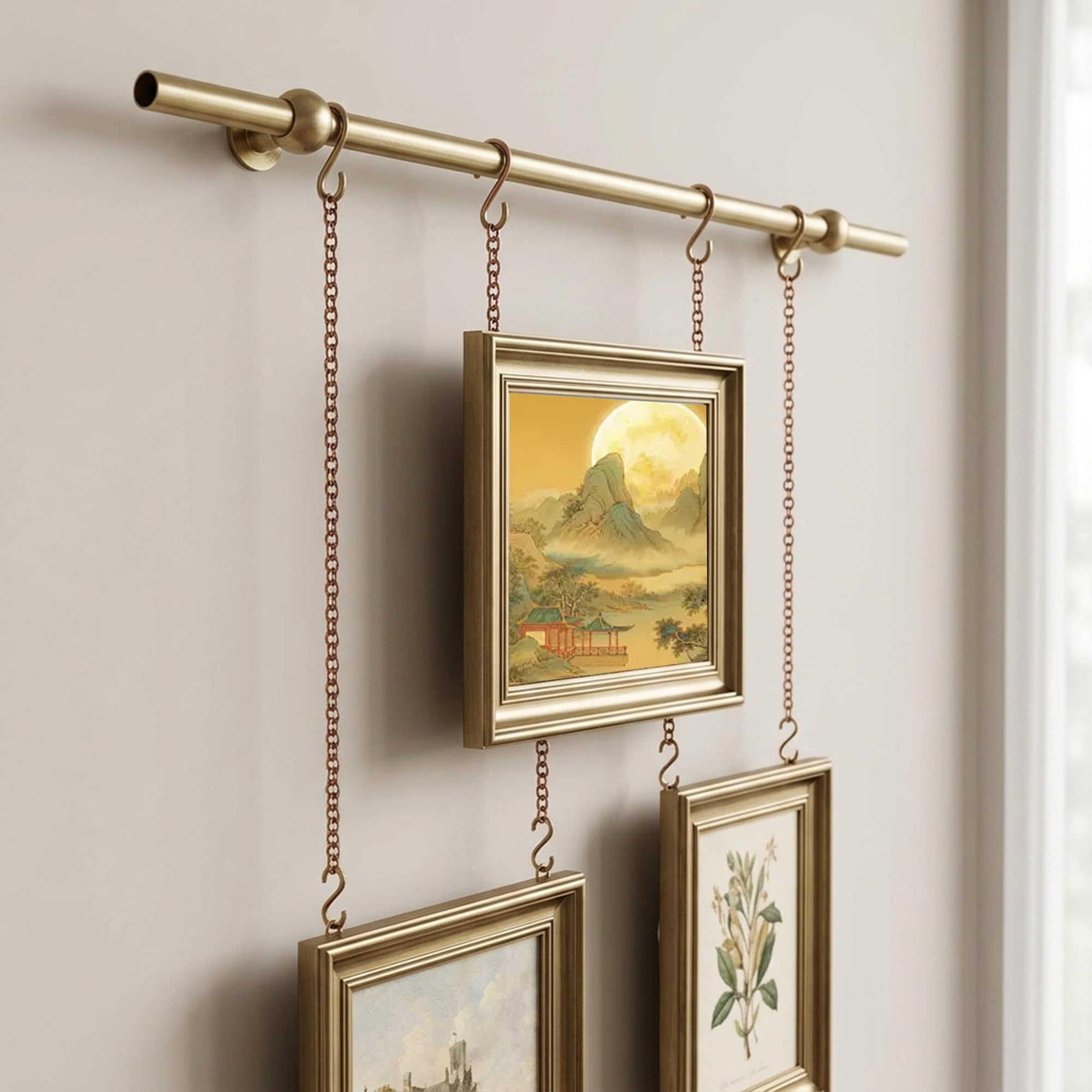 Système de suspension pour tableau en laiton avec crochets réglables pour rails
