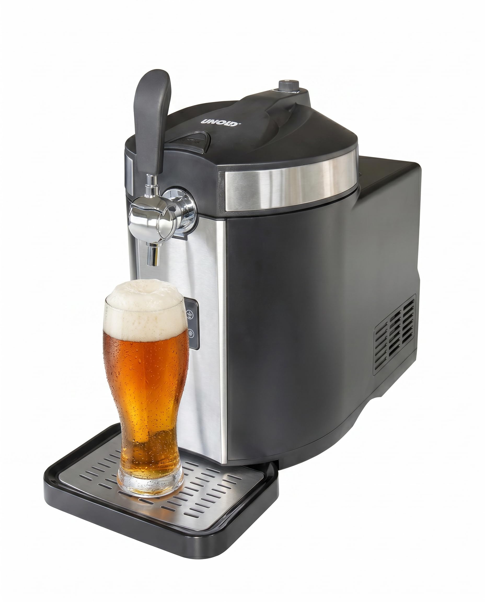 UNOLD Bierzapfanlage FRANZL 48975 – Profi-Kompressorkühlung (2–12 °C), LED-Füllstandsanzeige & CO2-Drucksystem inkl. 3 Kartuschen – Für alle 5-Liter-Bierfässer – Edelstahl/Schwarz