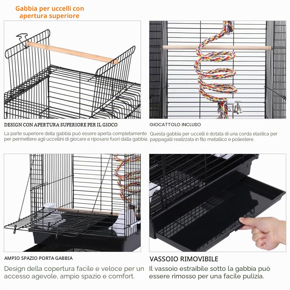 Yaheetech Gabbia per Uccelli Pappagalli Inseparabili Voliera in Metallo con Tetto Apribile Posatoio in Legno e Giocattolo 40 x 40 x 58 cm Nero