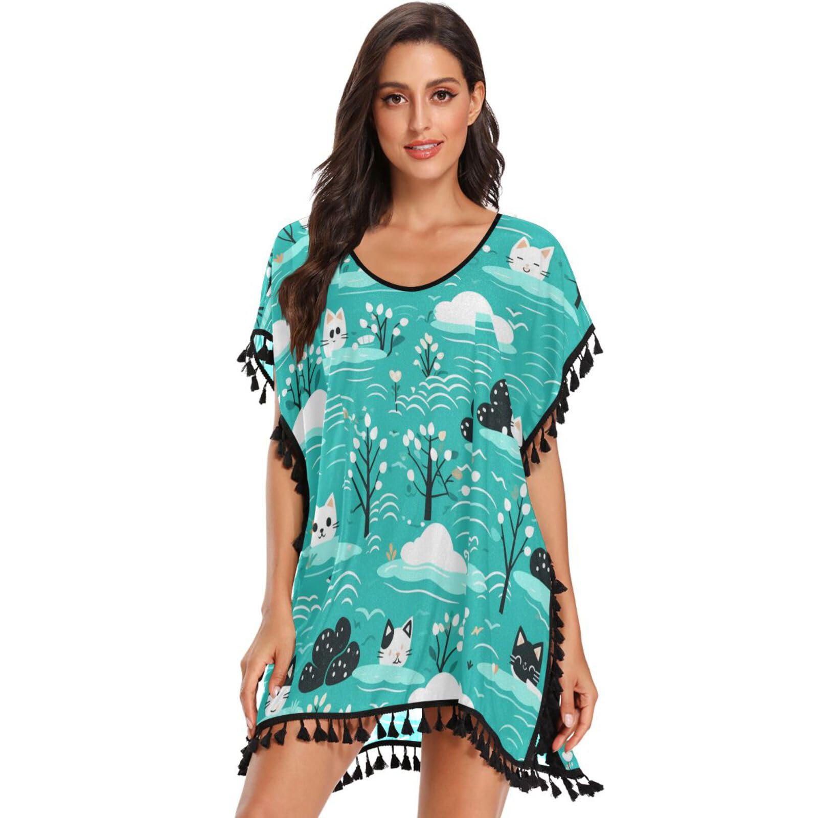 Blue Repeating Pattern Cats Women's Beach Cover Up Chiffon Tassel Swimwear Swimsuit Coverups for Girl