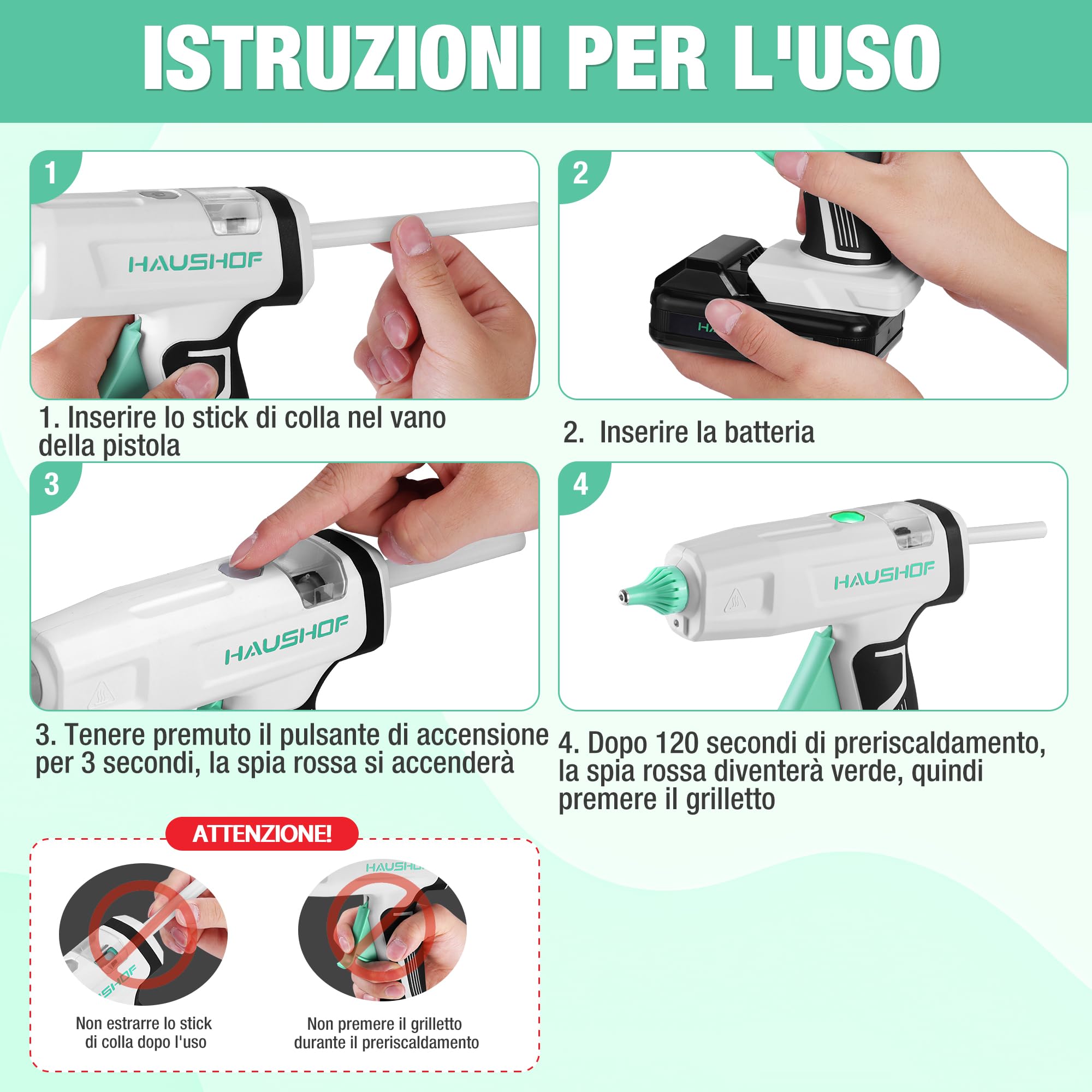 HAUSHOF Pistola per Colla a Caldo Senza Fili da 20V con Batteria e Caricatore, 20 Stick di Colla 11x150 mm, Spegnimento Automatico e Riscaldamento Rapido per Fai da Te, Artigianato