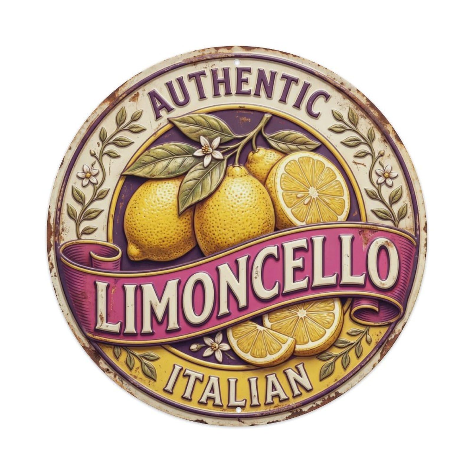 Authentic Italian Limoncello Sign Metal Tin Sign Plaque Wall Decor for Cafe, Club Bar, Office, Home Garden Round Metal Poster 8x8Inch