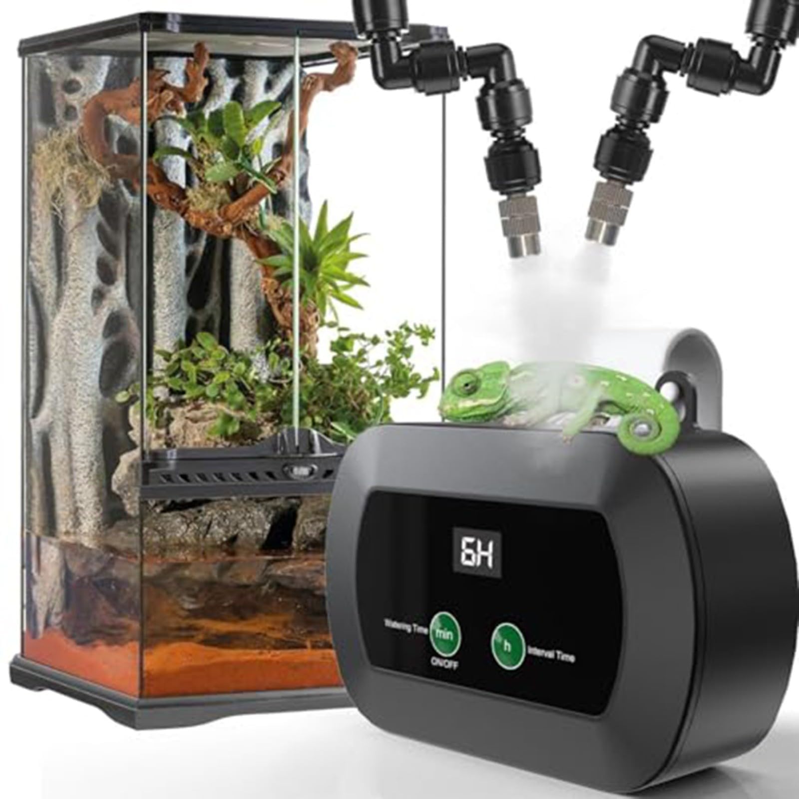 Automatisches Nebelsystem mit Timer für Terrarium, 360° Einstellbare Düse Luftbefeuchter für Reptilien Vivarium Gewächshaus Labor, Schwarz