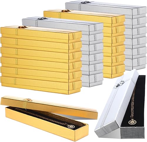 Yinkin 24 cajas de regalo de joyería para collar, collar, caja de regalo de cartón de 9.45 x 2 x 1.2 pulgadas para boda (oro y plata)