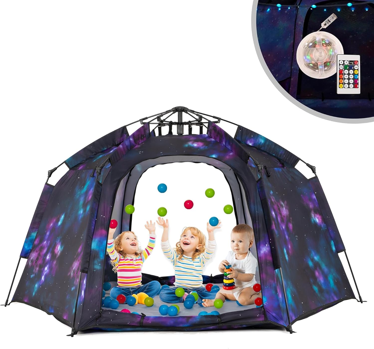 Portable Hexagon Kids Play Tent with LED Strip Lights Indoor Children Play House Easy Set-up Space Dream Tent for Night.4-5 Person Large Tents & Birthday Gifts Dark Galaxy
