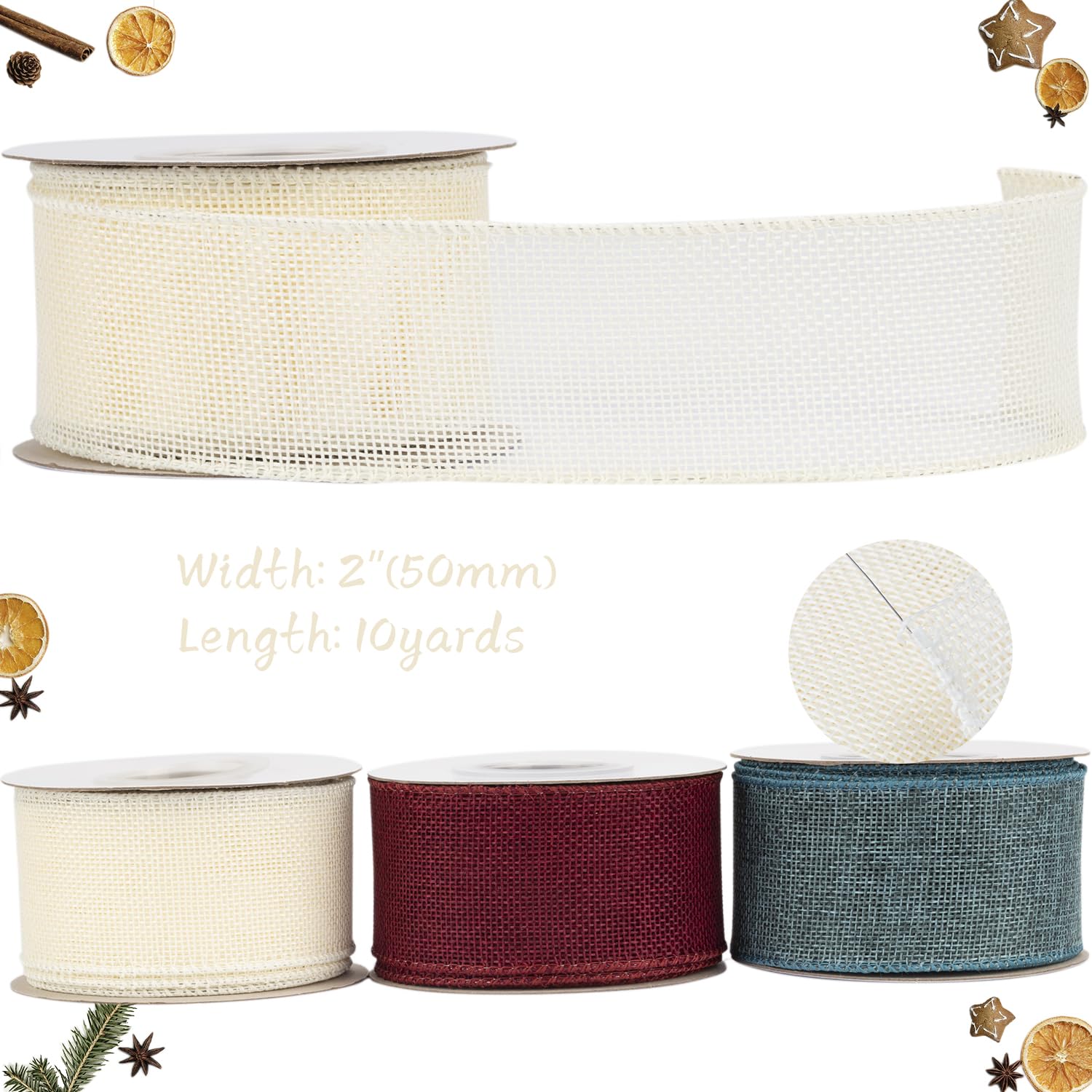 Tekdeere Burlap Ribbon 50mm x 9 Meters, Cream Wired Ribbon for Crafts, Gift Wrapping, Wreaths, Bows, Tree Decoration and Outdoor Decoration - Image 2