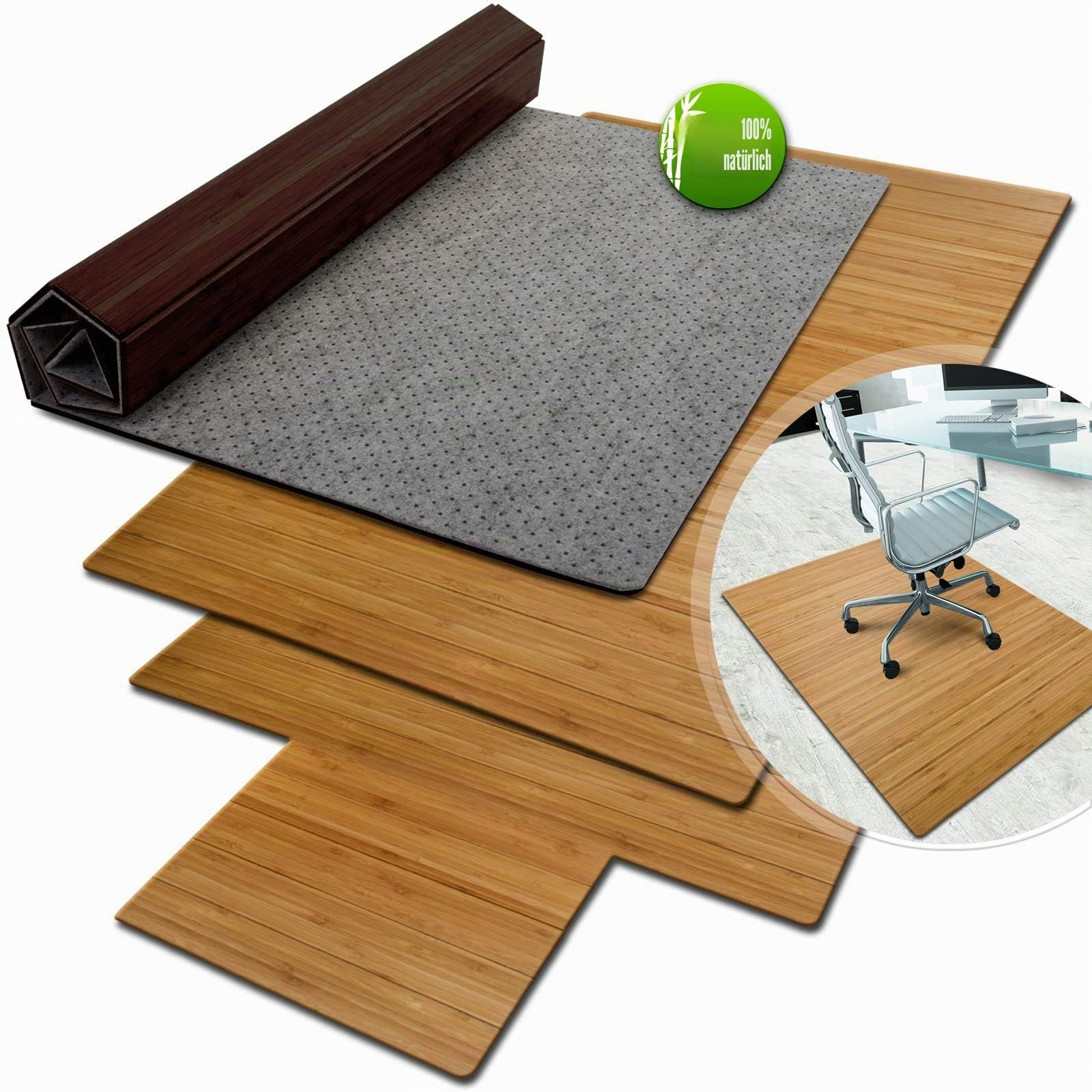 Floordirekt Bambus-Bodenschutzmatte für Hartböden und Teppich | Mit Filz-Unterfütterung | Gumminoppen für festen Halt | Aus natürlichem Bambus | 2 Farben (90 x 120 cm, Hell - mit Lippe)