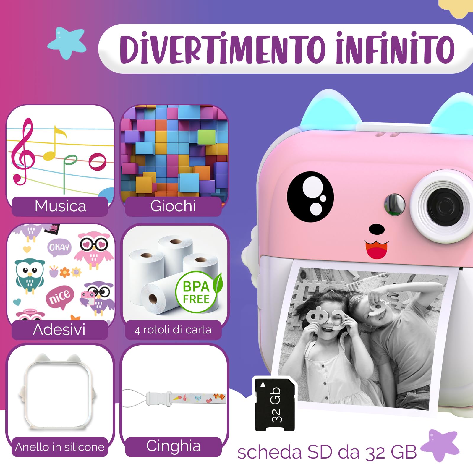 Macchina Fotografica Bambini Istantanea – Doppio Obiettivo 48MP, Video 1080P, Stampa Termica con 4 Rotoli di Carta – App Bluetooth, Scheda da 32GB – Regalo per Bambine & Bambini 3-12 Anni (Rosa)