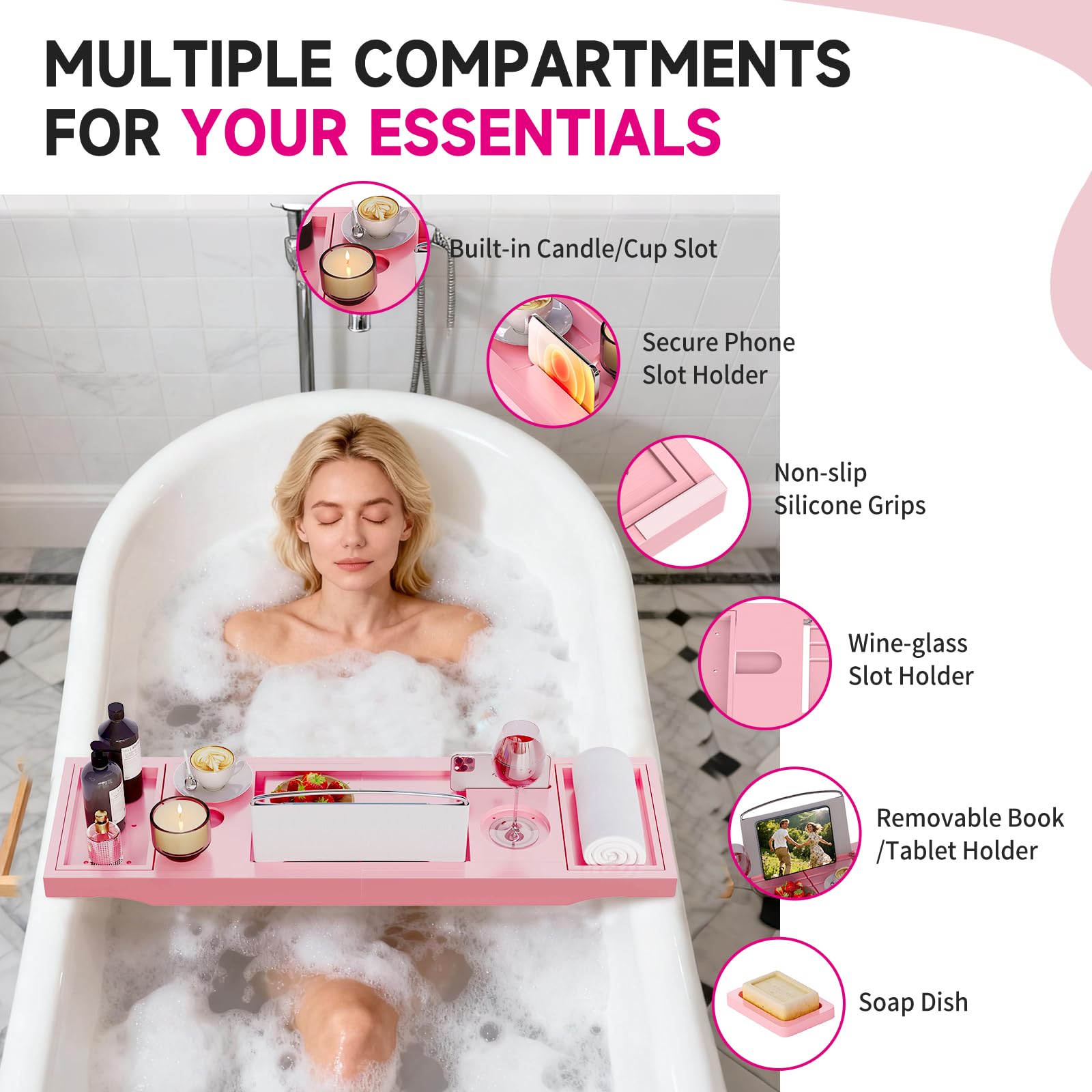 Bandeja Plegable para bañera, Bandeja de bambú para bañera con Soporte para Copas de Vino, Soporte para Libro, teléfono, Tableta con Lados Extensibles, Ajustable, Soporte para jabón Gratis (Rosa)